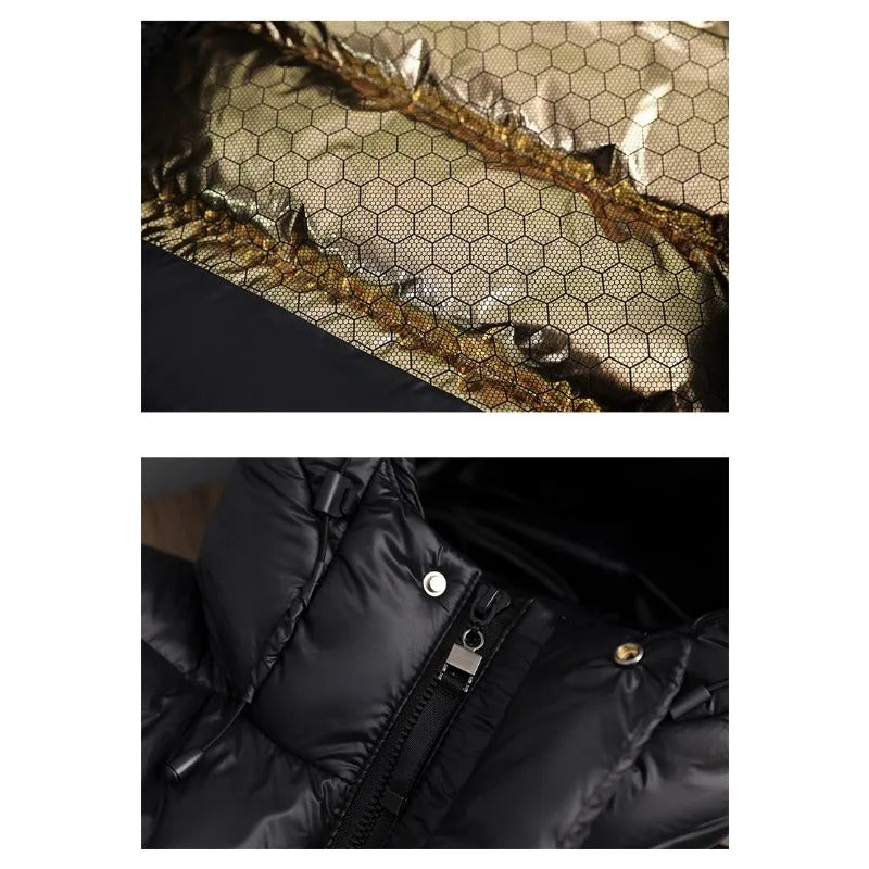 Fiorella lange donsjas detail van rits en drukknoopoverslag in zwart – Elyssor Fashion