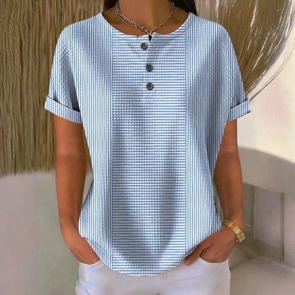 Elodie Gestreepte Blouse - Ronde Hals met Knoopdetail