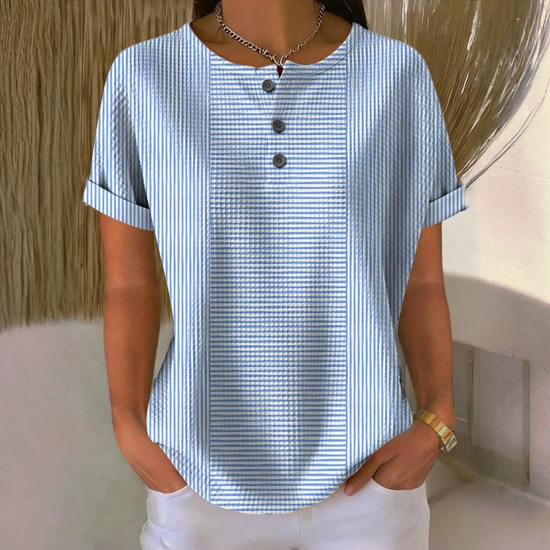 Elodie Gestreepte Blouse - Ronde Hals met Knoopdetail