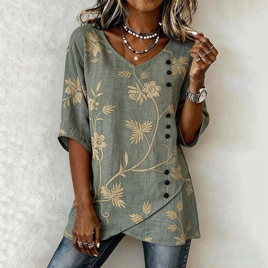 Margaux Bloemenblouse - V-Hals met Knoopdetail