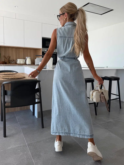 Riviera Denimjurk – Mouwloze Maxi Jurk met Ceintuur