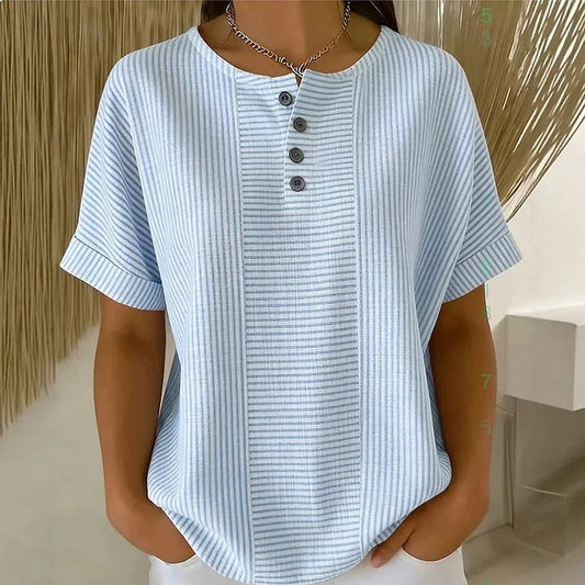 Elodie Gestreepte Blouse - Ronde Hals met Knoopdetail