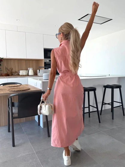 Riviera Denimjurk – Mouwloze Maxi Jurk met Ceintuur