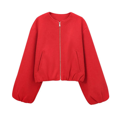 Alessia Korte Bomberjas met rits en ballonmouwen in rood – Elyssor Fashion