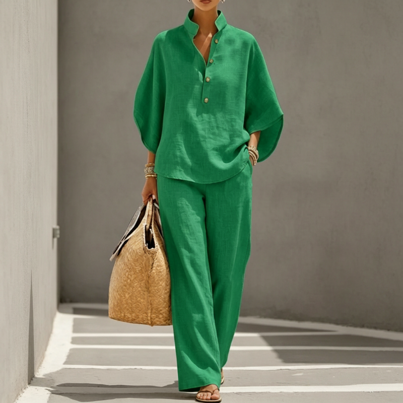 Amara set met kraagblouse en wijde broek – Elyssor Fashion