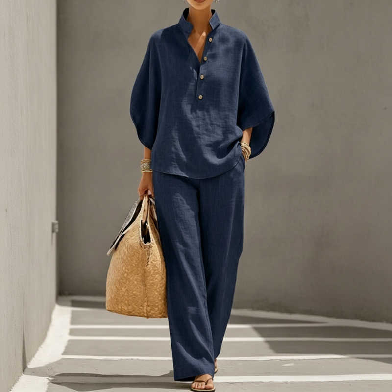 Amara set met kraagblouse en wijde broek – Elyssor Fashion