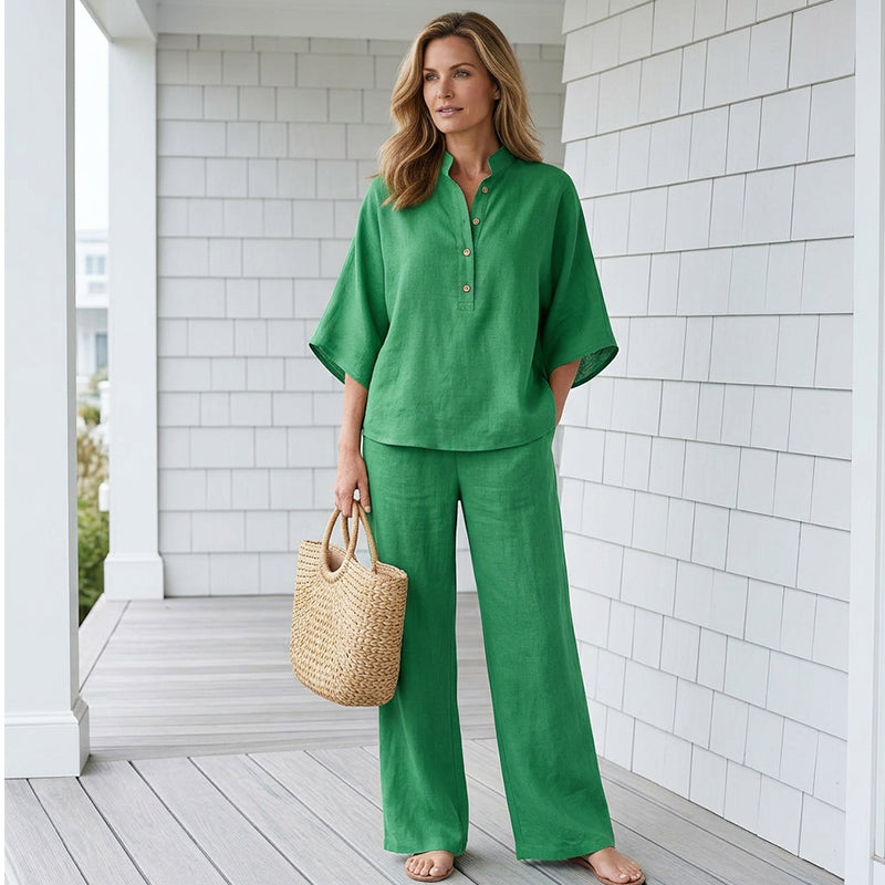 Amara set met kraagblouse en wijde broek – Elyssor Fashion