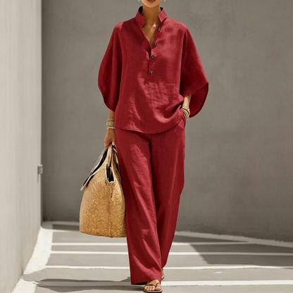 Amara set met kraagblouse en wijde broek – Elyssor Fashion