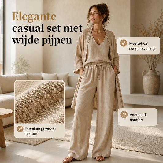 Aria 3-delige set met wijde pijpen en lang vest in de woonkamer, khaki – Elyssor Fashion