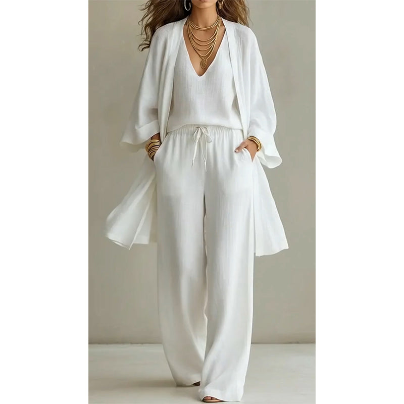Aria 3-delige set volledige look met top, vest en wijde broek, wit – Elyssor Fashion