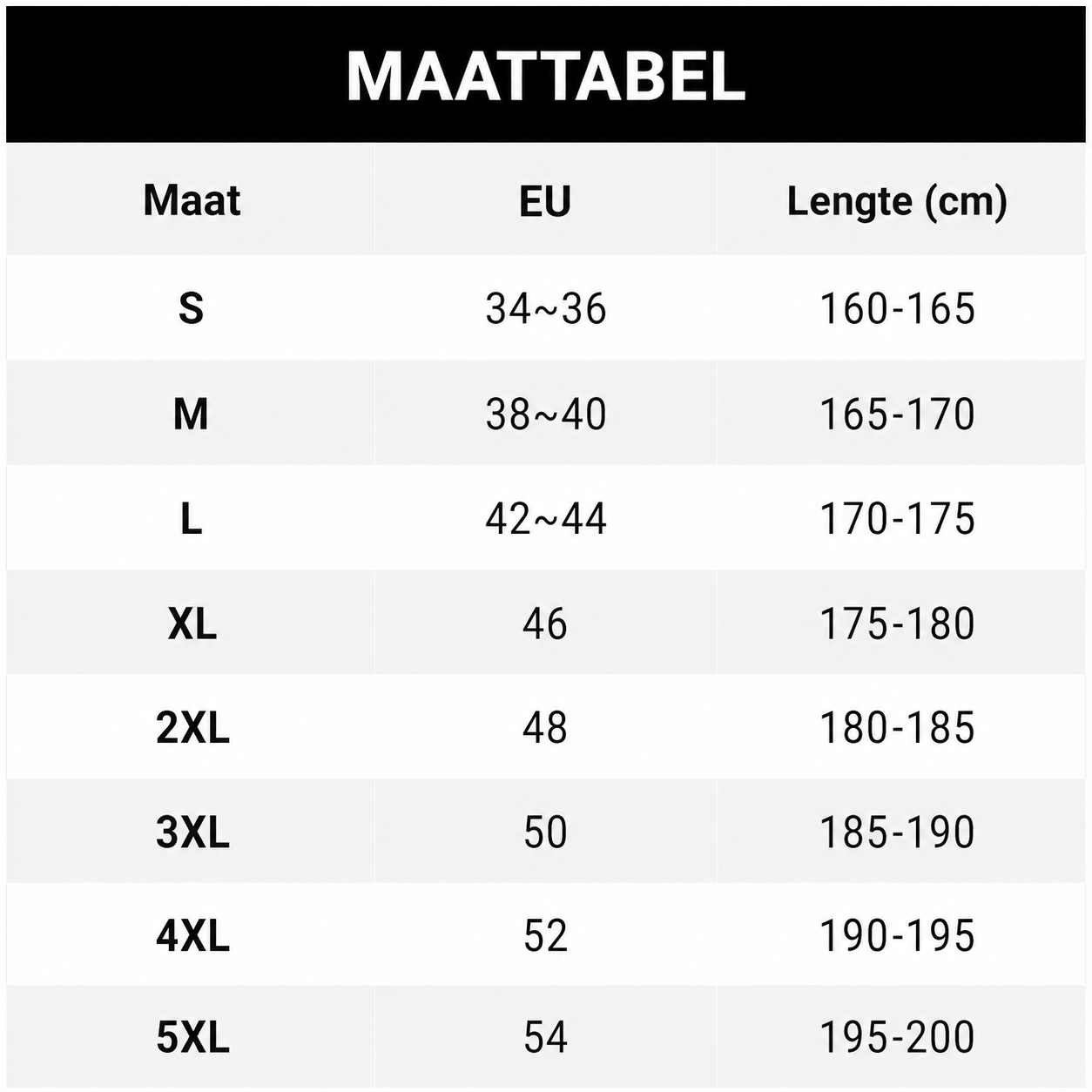 Aria 3-delige set maattabel met EU-maten en lengtes van maat S tot 5XL – Elyssor Fashion