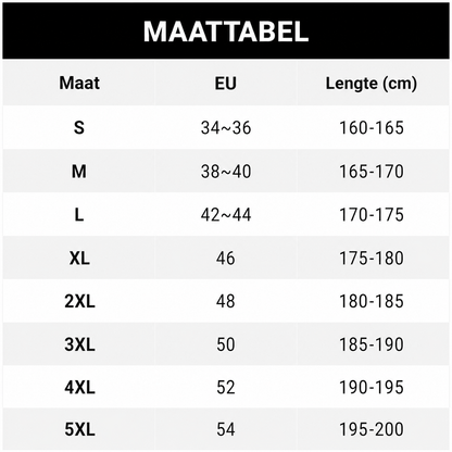 Aria 3-delige set maattabel met EU-maten en lengtes van maat S tot 5XL – Elyssor Fashion