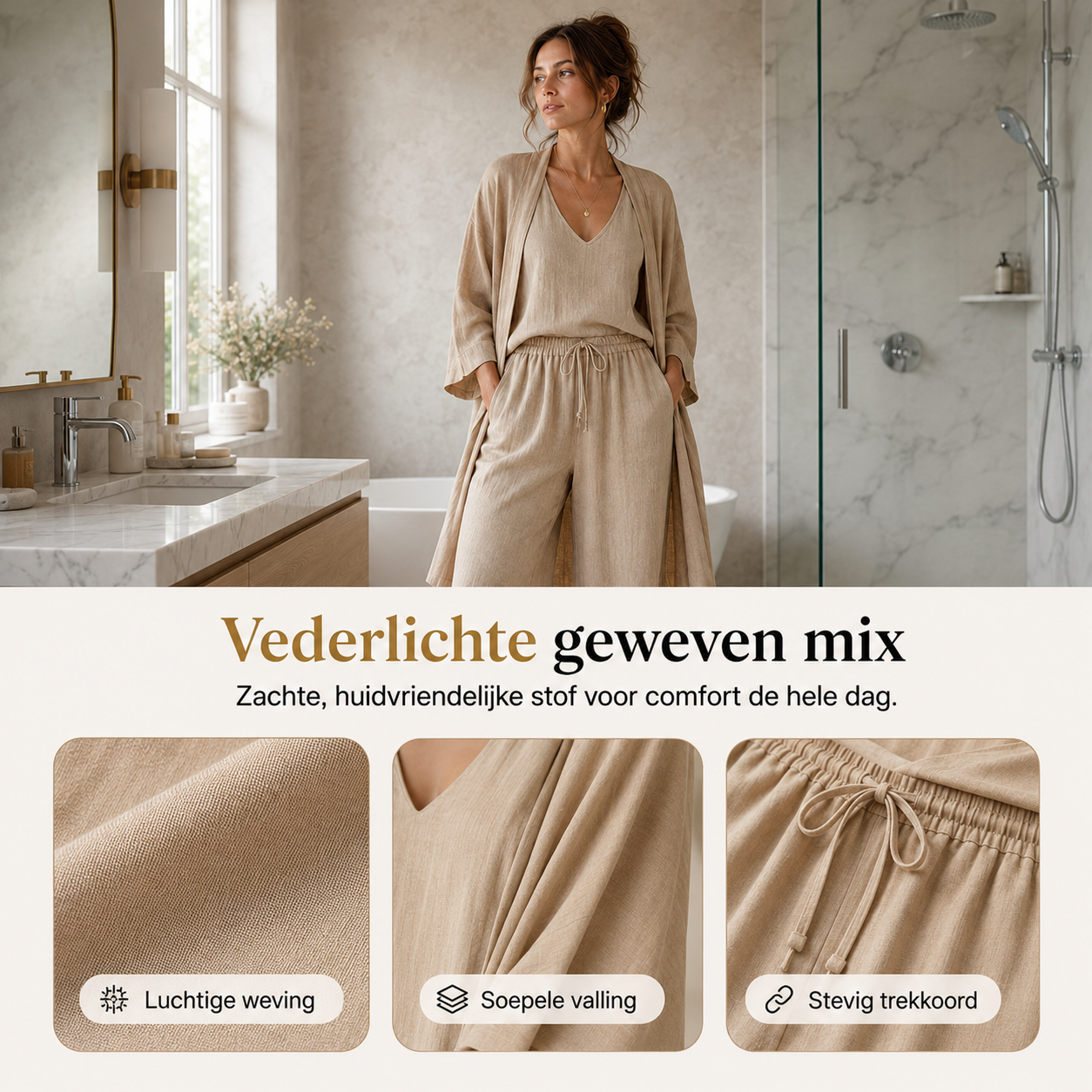 Aria 3-delige set in vederlichte geweven stof met detailfoto's van weving, val en trekkoord, khaki – Elyssor Fashion