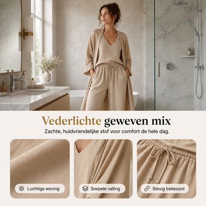 Aria 3-delige set in vederlichte geweven stof met detailfoto's van weving, val en trekkoord, khaki – Elyssor Fashion