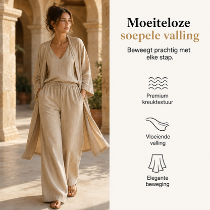 Aria 3-delige set met soepele val, wandelend onder een gaanderij, khaki – Elyssor Fashion