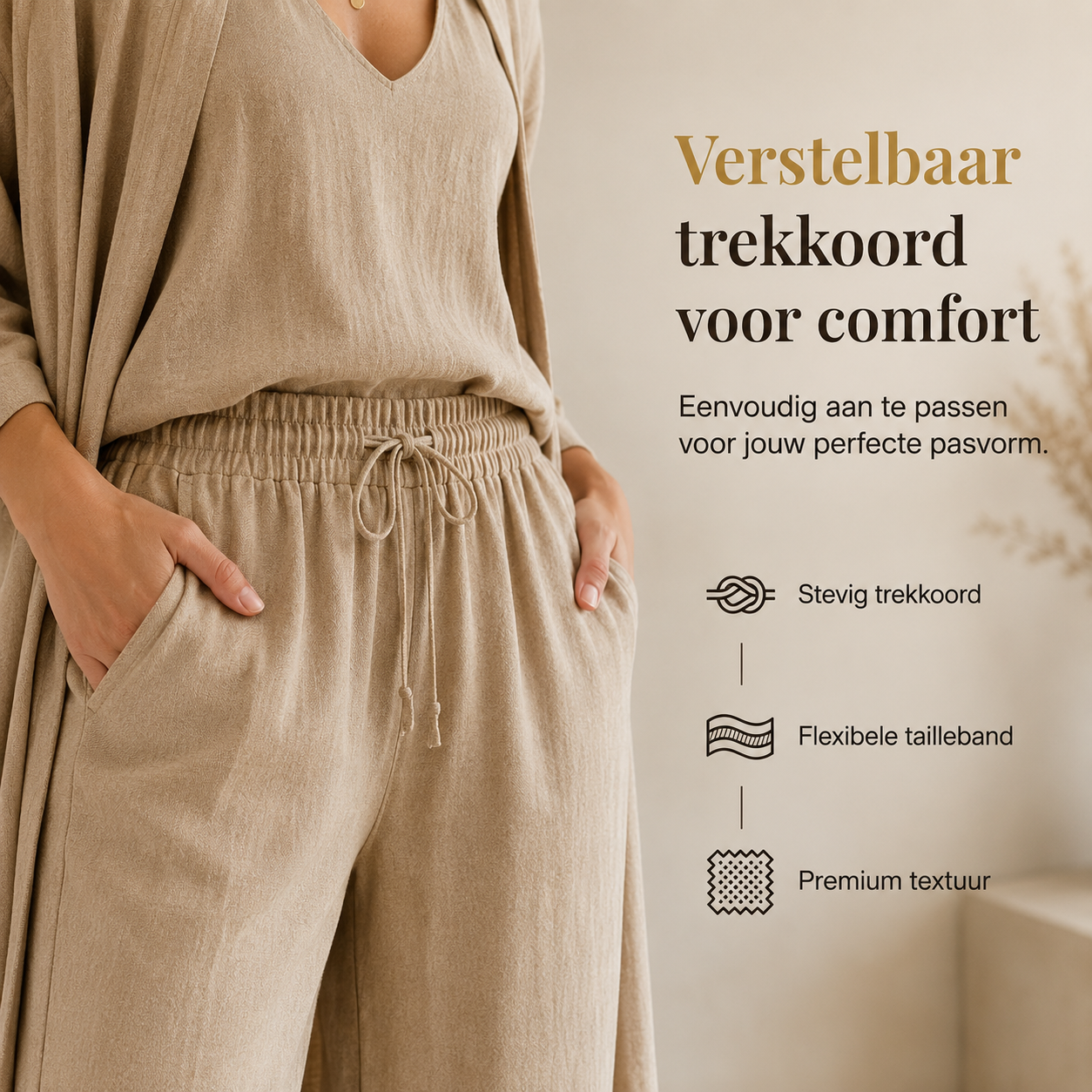 Aria wijde broek met verstelbaar trekkoord en flexibele tailleband, detailfoto, khaki – Elyssor Fashion