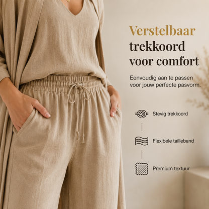 Aria wijde broek met verstelbaar trekkoord en flexibele tailleband, detailfoto, khaki – Elyssor Fashion