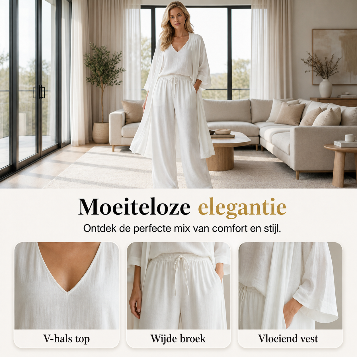 Aria 3-delige set met V-hals top, wijde broek en vloeiend vest in de woonkamer, wit – Elyssor Fashion