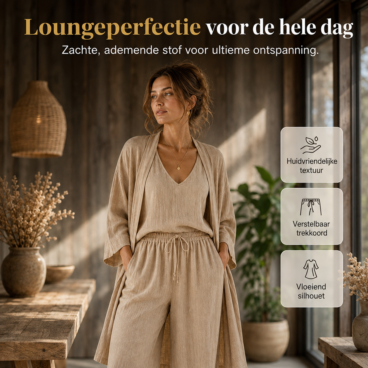 Aria 3-delige set met zachte, huidvriendelijke stof om in te loungen, khaki – Elyssor Fashion