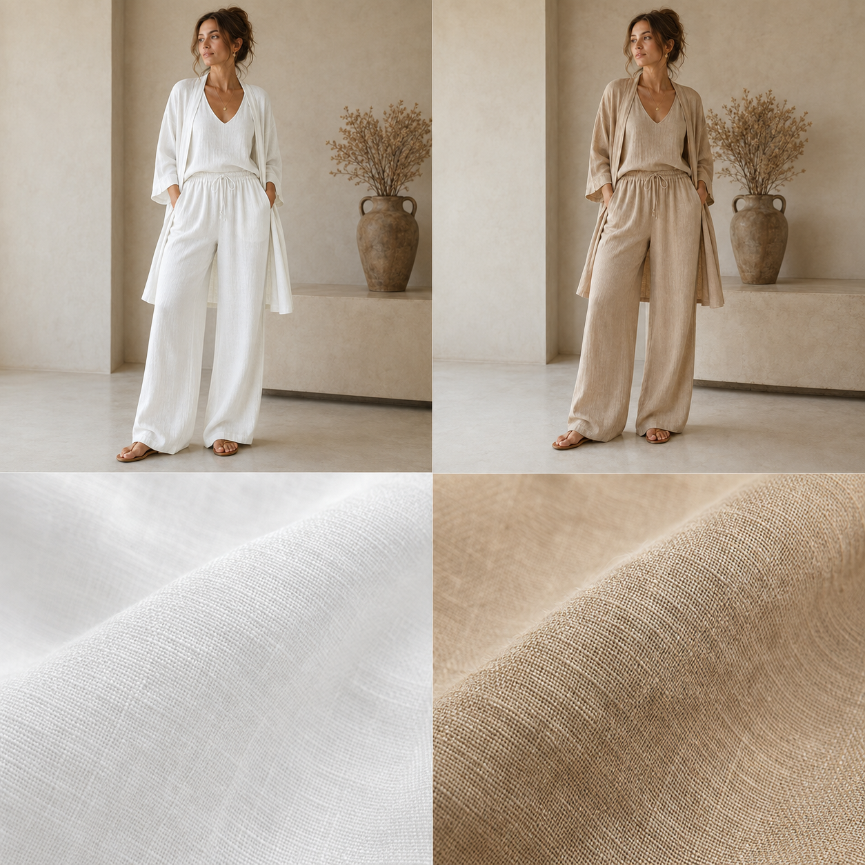Aria 3-delige set in wit en khaki naast elkaar met stofdetails van beide kleuren – Elyssor Fashion