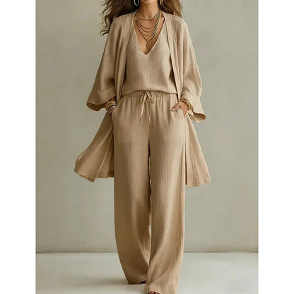 Aria 3-delige set volledige look met top, vest en wijde broek, khaki – Elyssor Fashion