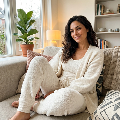 Luxe Bellagio bouclé loungeset in ivoor met lange broek, 4-delige set, gedragen in de woonkamer – Elyssor Fashion