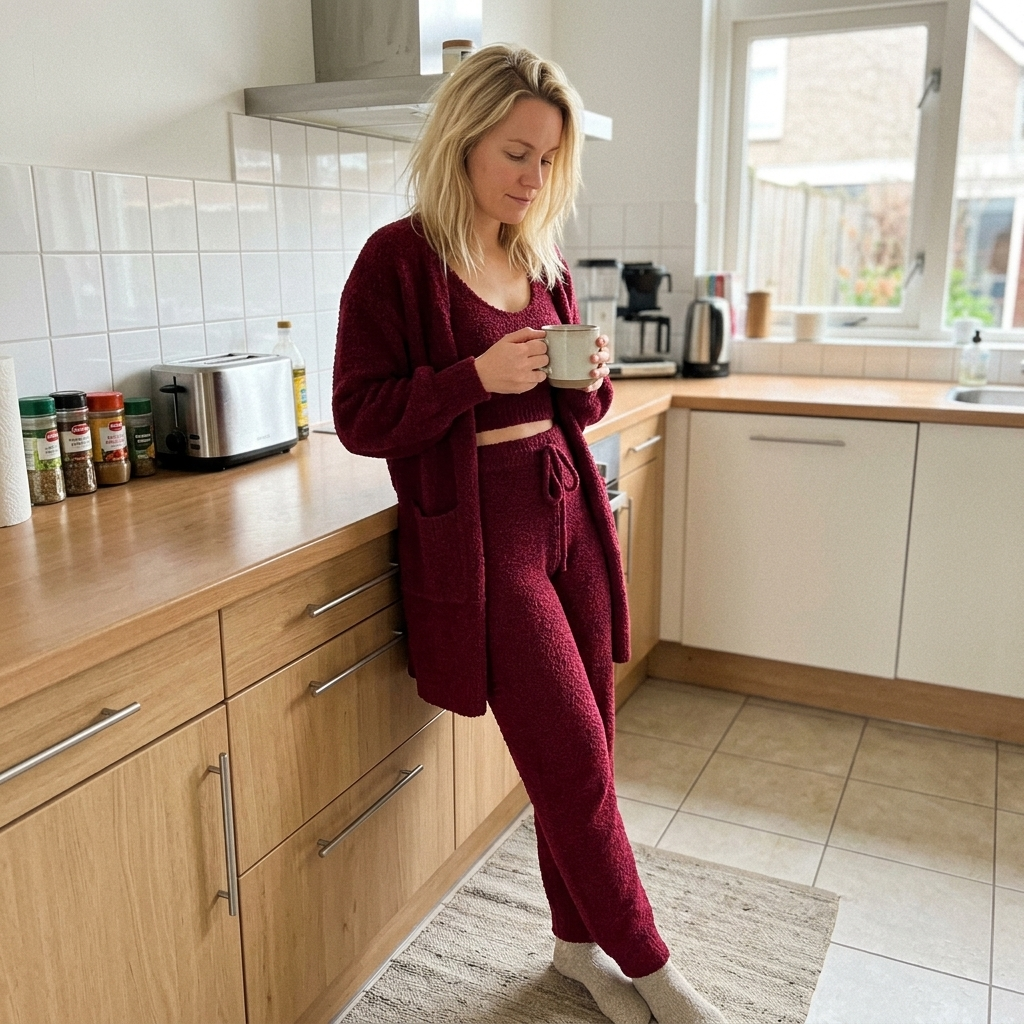 Luxe Bellagio bouclé loungeset in bordeauxrood met lange broek, 4-delige set, gedragen in de keuken – Elyssor Fashion