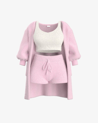 Luxe Bellagio bouclé loungeset in roze, 3-delige set – Elyssor Fashion
