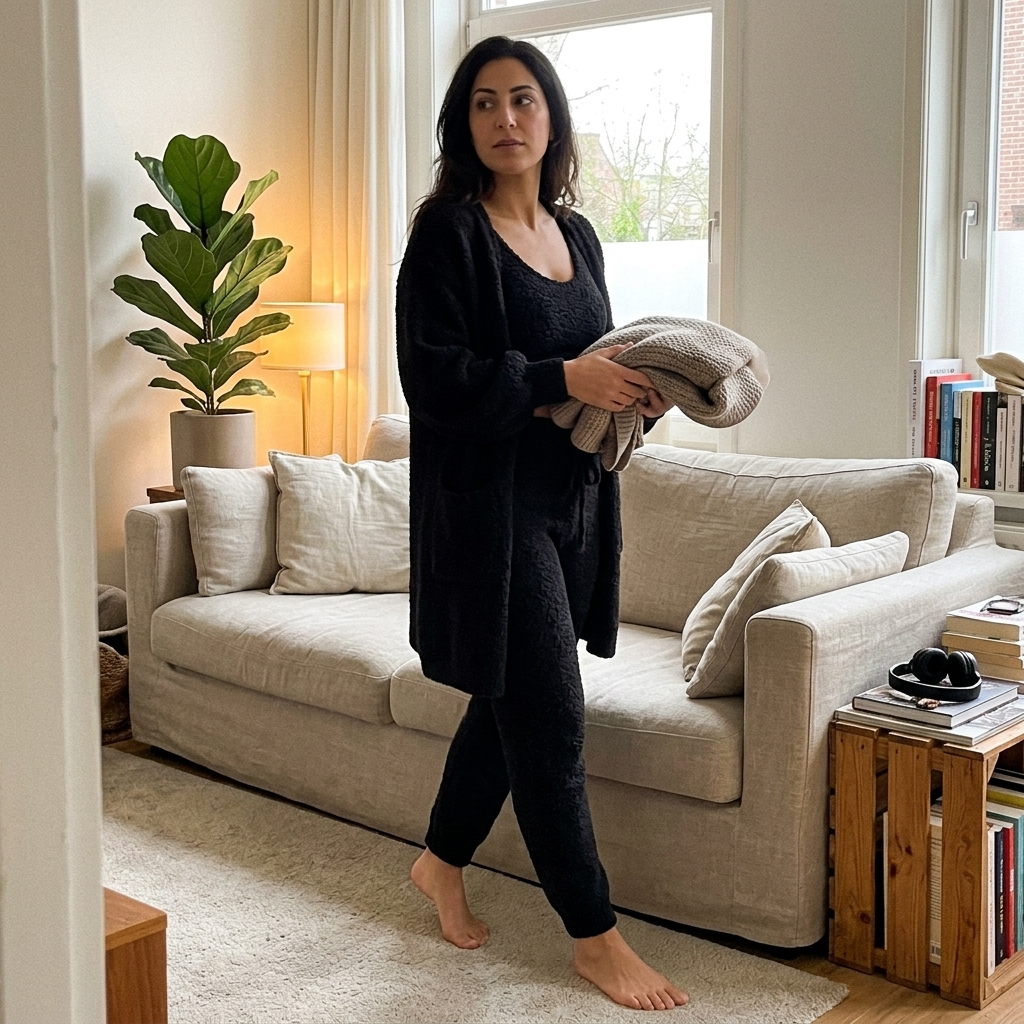 Luxe Bellagio bouclé loungeset in zwart met lange broek, 4-delige set, gedragen in de woonkamer – Elyssor Fashion