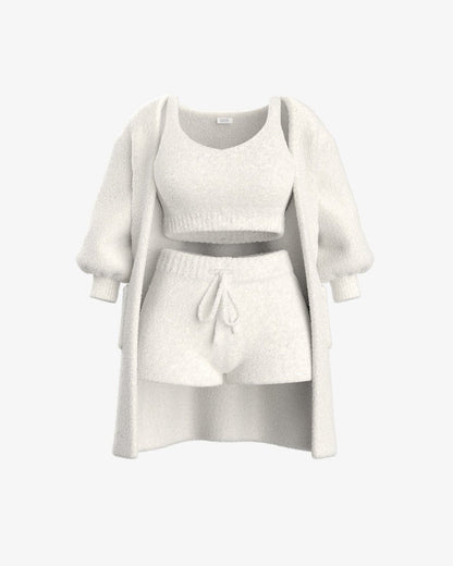Luxe Bellagio bouclé loungeset in ivoor, 3-delige set – Elyssor Fashion