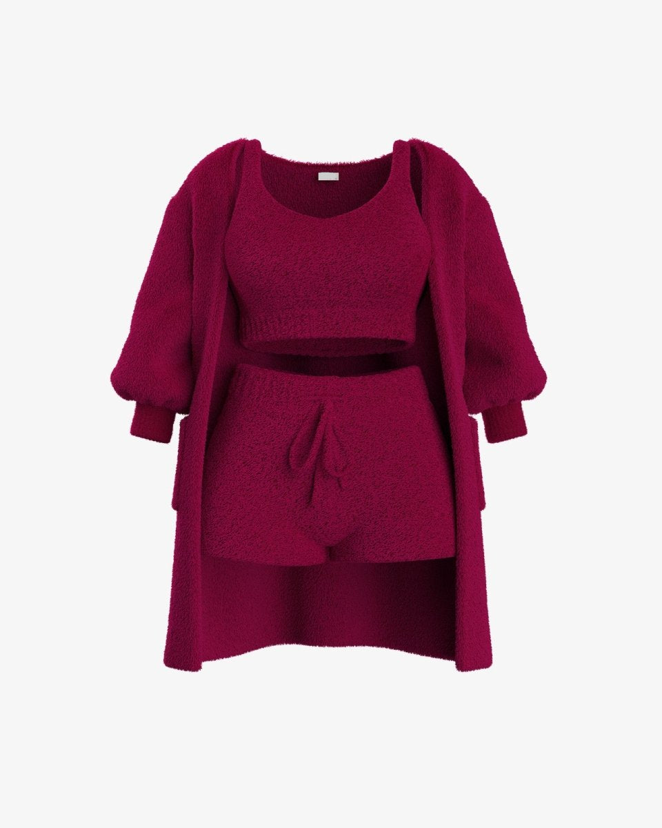 Luxe Bellagio bouclé loungeset in bordeauxrood, 3-delige set – Elyssor Fashion