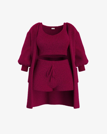 Luxe Bellagio bouclé loungeset in bordeauxrood, 3-delige set – Elyssor Fashion