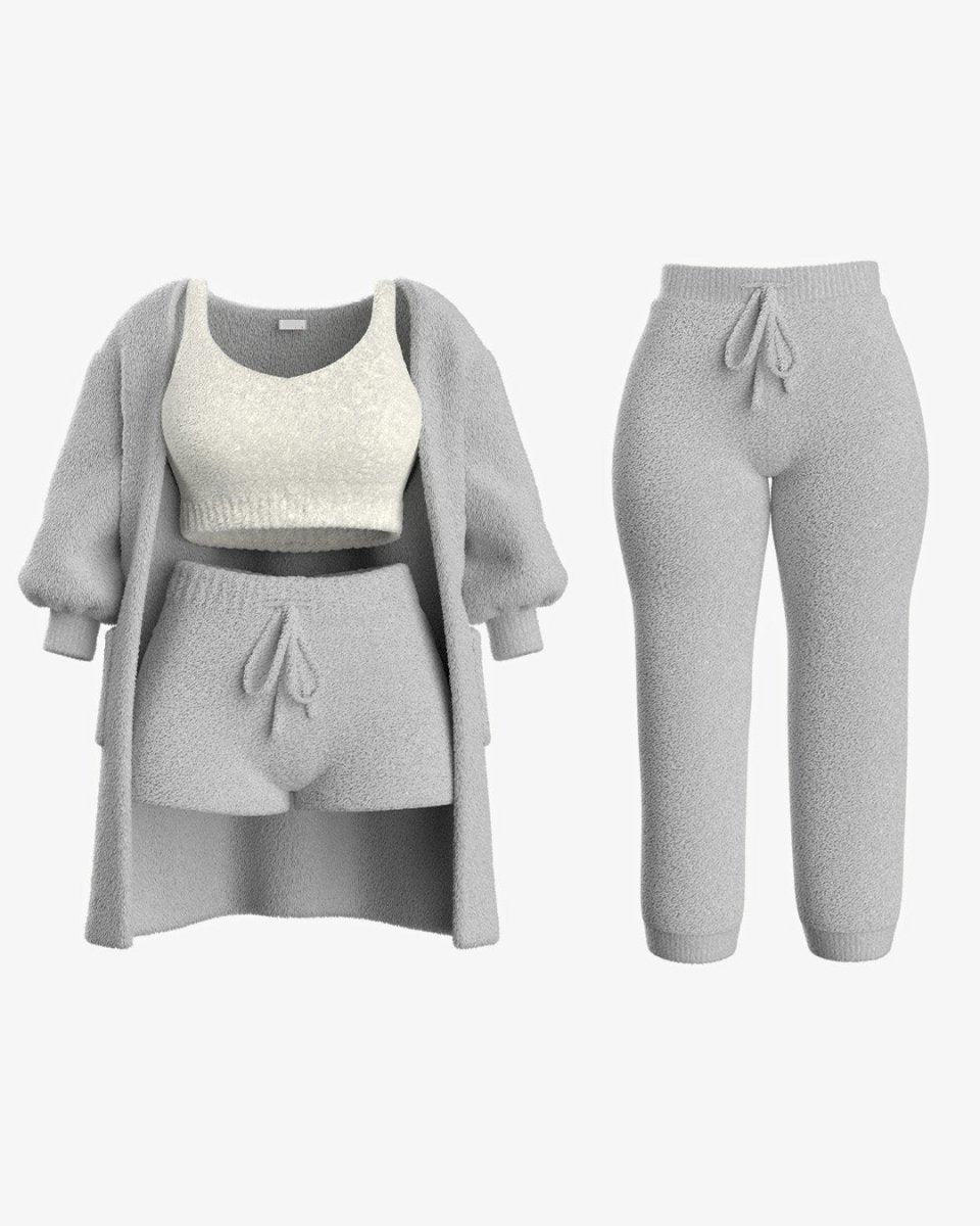 Luxe Bellagio bouclé loungeset in grijs, 4-delige set – Elyssor Fashion
