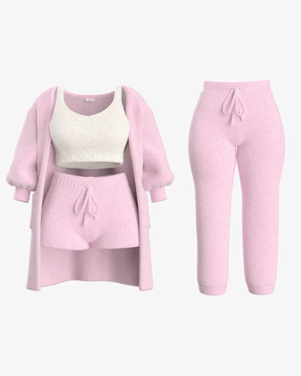 Luxe Bellagio bouclé loungeset in roze, 4-delige set – Elyssor Fashion