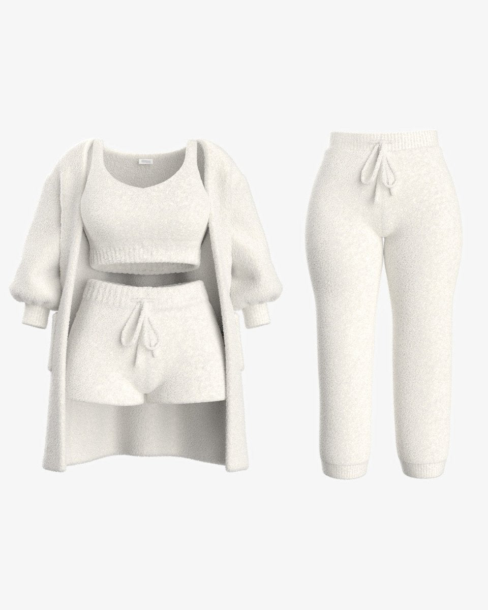 Luxe Bellagio bouclé loungeset in ivoor, 4-delige set – Elyssor Fashion