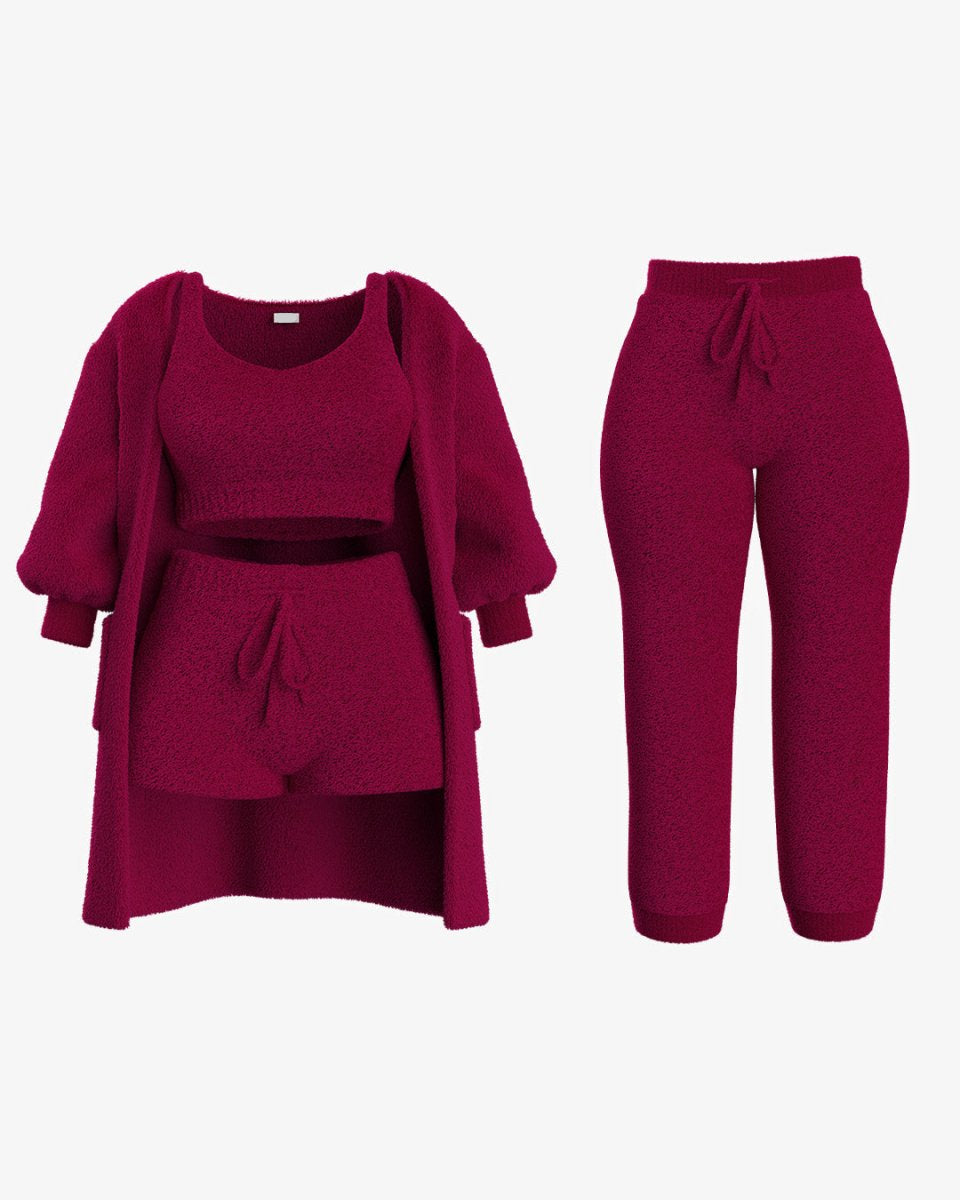 Luxe Bellagio bouclé loungeset in bordeauxrood, 4-delige set – Elyssor Fashion