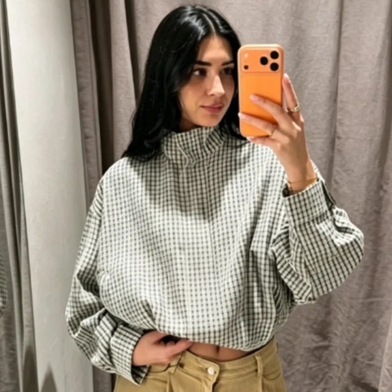 Bianca Geruite Bomberjas met korte lengte in zwart-wit ruit – Elyssor Fashion