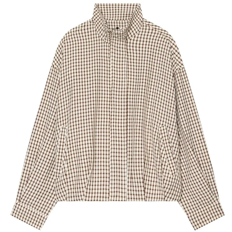 Bianca Geruite Bomberjas met rits in bruin-wit ruit – Elyssor Fashion
