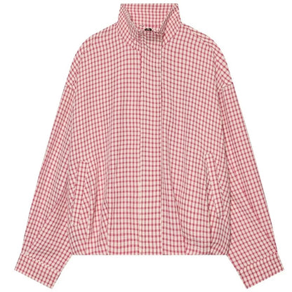 Bianca Geruite Bomberjas oversized snit in rood-wit ruit – Elyssor Fashion