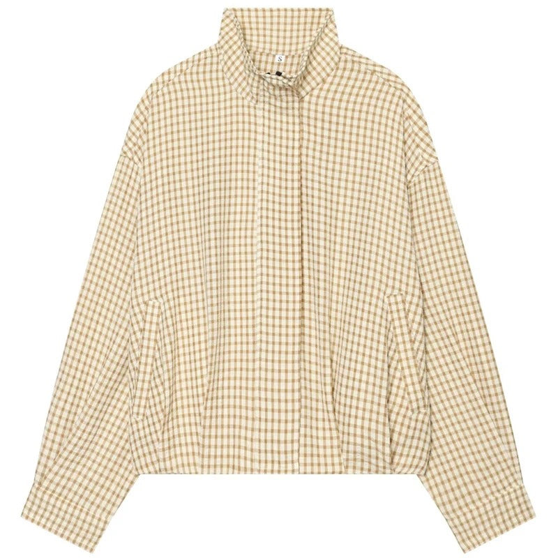 Bianca Geruite Bomberjas met liggende kraag in beige-wit ruit – Elyssor Fashion