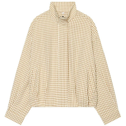 Bianca Geruite Bomberjas met liggende kraag in beige-wit ruit – Elyssor Fashion