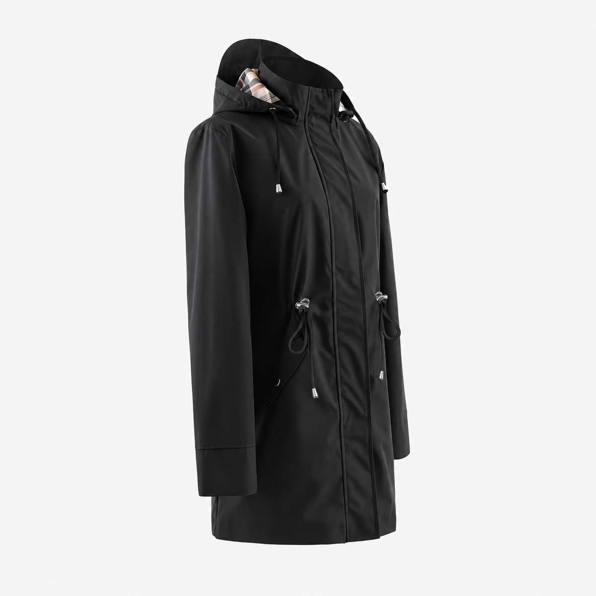 Carlotta 3-in-1 regenjas in zwart, zijaanzicht met rits en capuchon – Elyssor Fashion