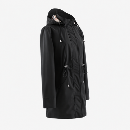 Carlotta 3-in-1 regenjas in zwart, zijaanzicht met rits en capuchon – Elyssor Fashion