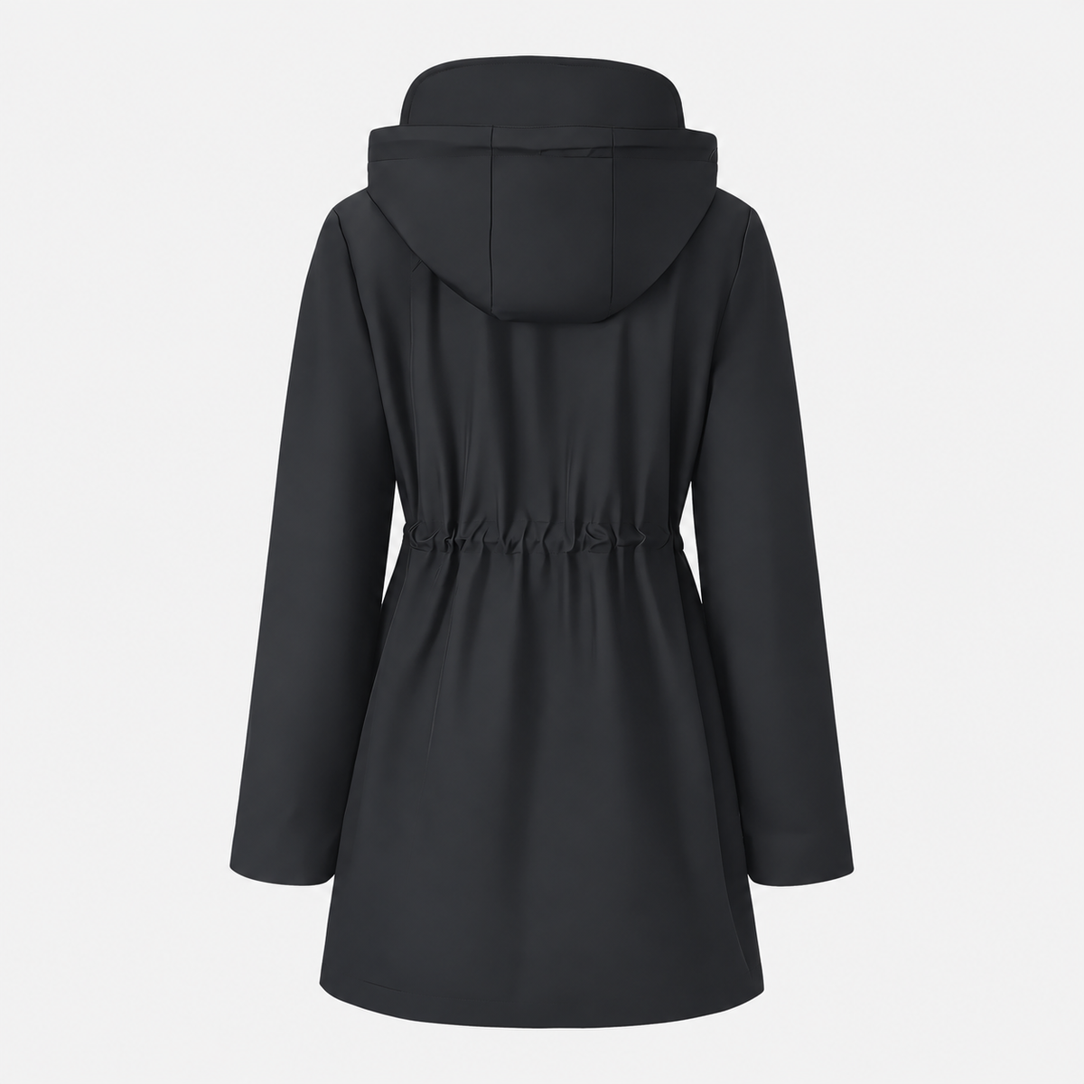 Carlotta 3-in-1 regenjas in zwart, achterkant met capuchon en instelbare taille – Elyssor Fashion