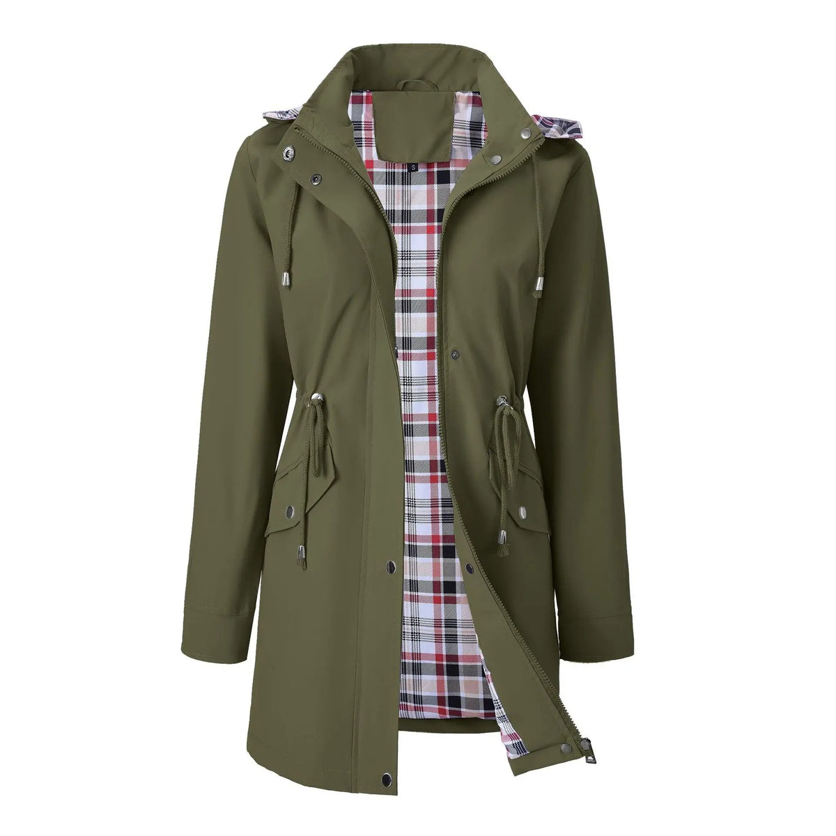 Carlotta 3-in-1 regenjas in groen met geruite binnenvoering en instelbare taille – Elyssor Fashion