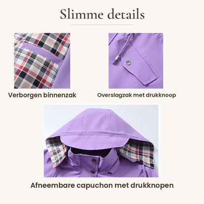 Carlotta regenjas details: verborgen binnenzak, overslagzak en afneembare capuchon – Elyssor Fashion
