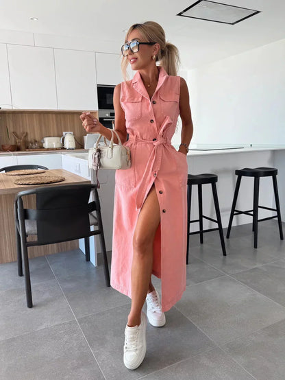 Riviera Denimjurk – Mouwloze Maxi Jurk met Ceintuur