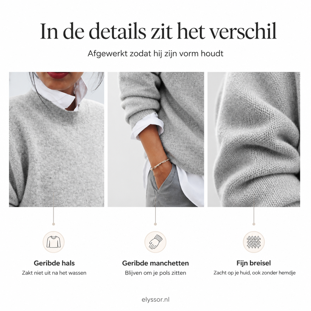 Detailfoto's van de Emilia gebreide trui: geribde hals, geribde manchetten en fijn breisel – Elyssor Fashion