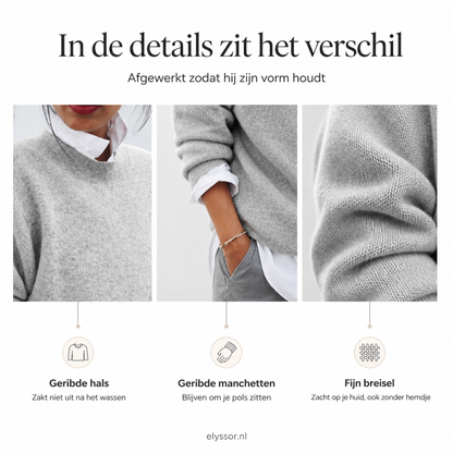 Detailfoto's van de Emilia gebreide trui: geribde hals, geribde manchetten en fijn breisel – Elyssor Fashion