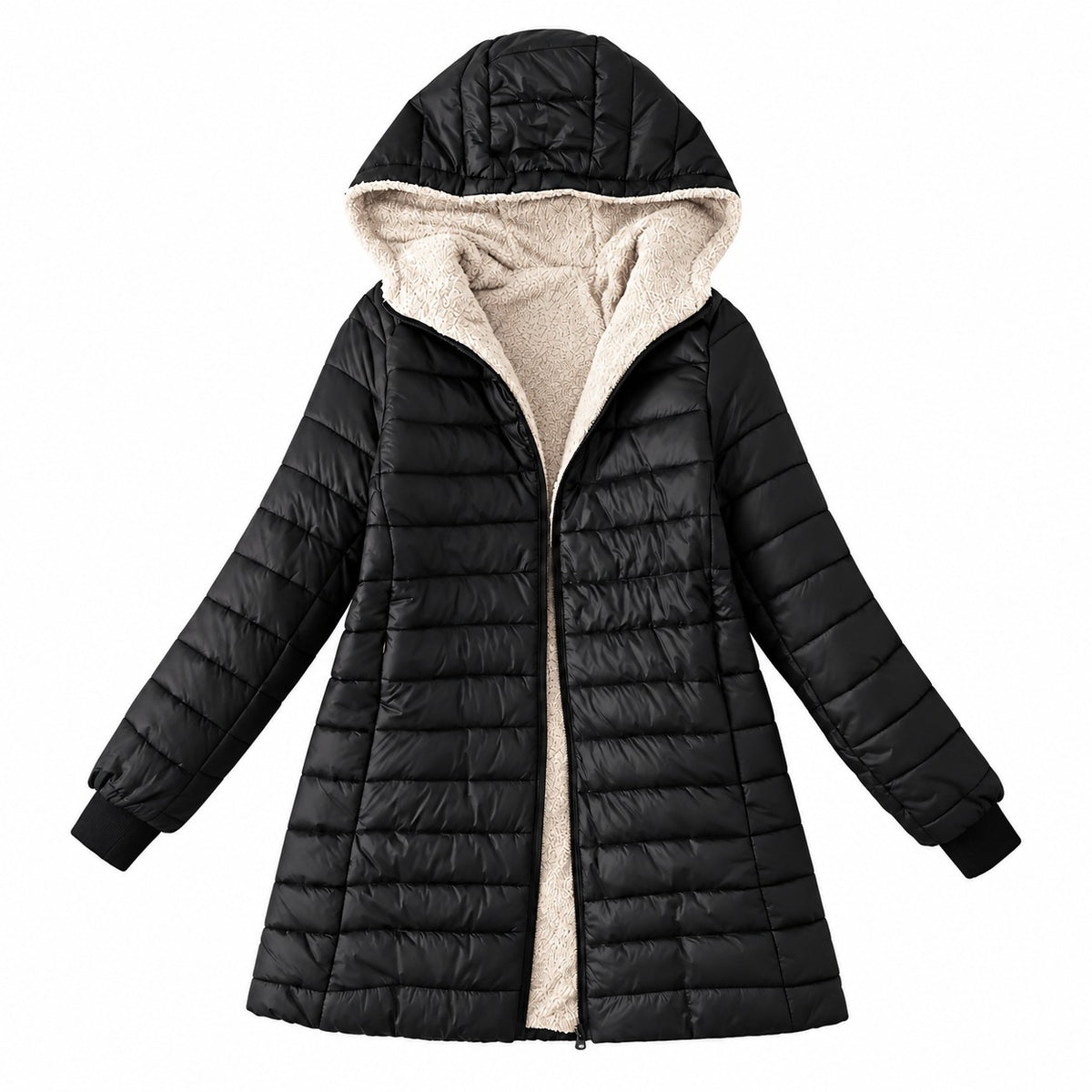 Ginevra Gevoerde Winterjas met capuchon Zwart – Elyssor Fashion